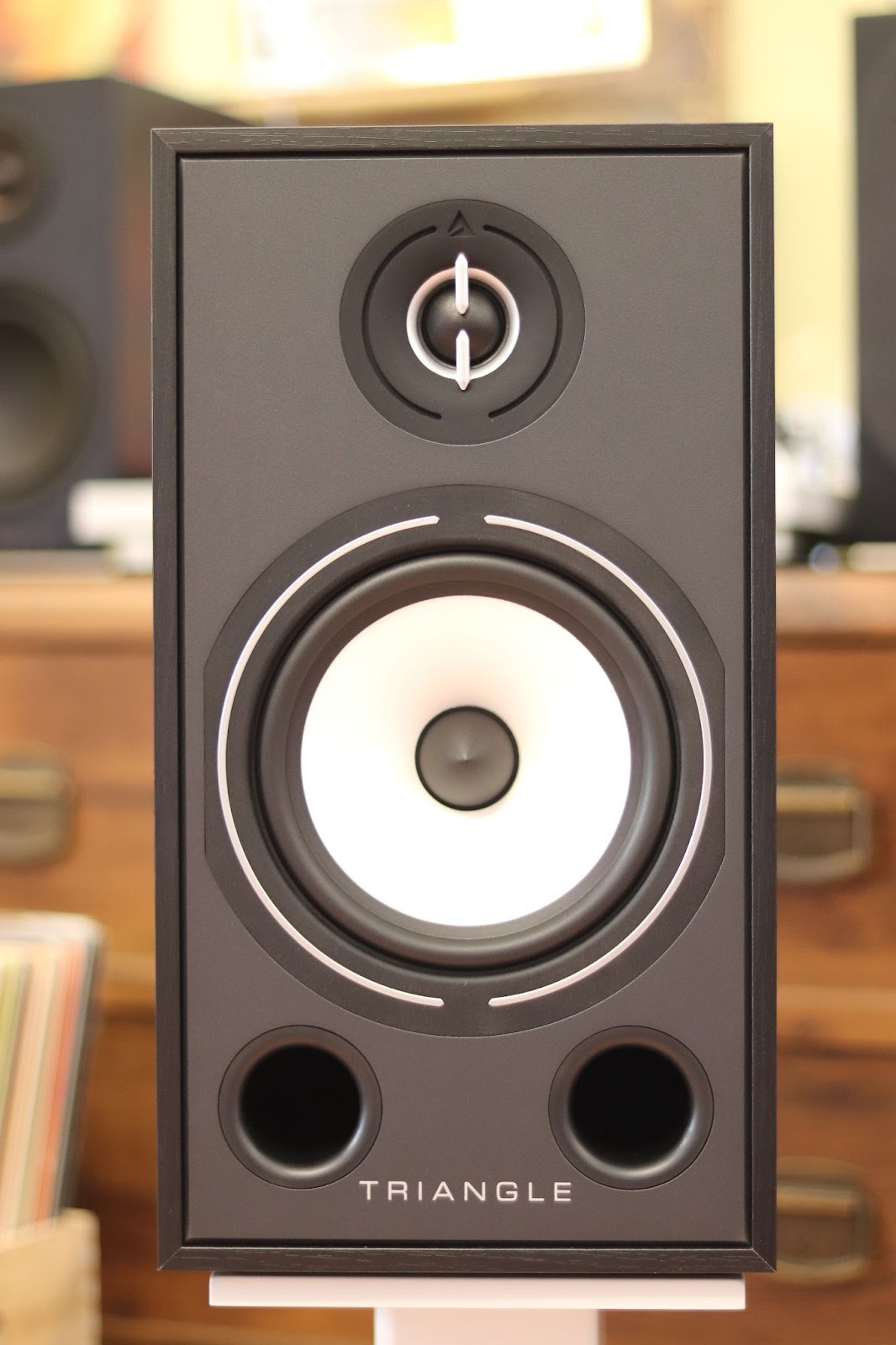  The first non-standard solution is that the front panel is as if built into the case, that is, looking at the speakers from the front, we can see the edges of the other walls.