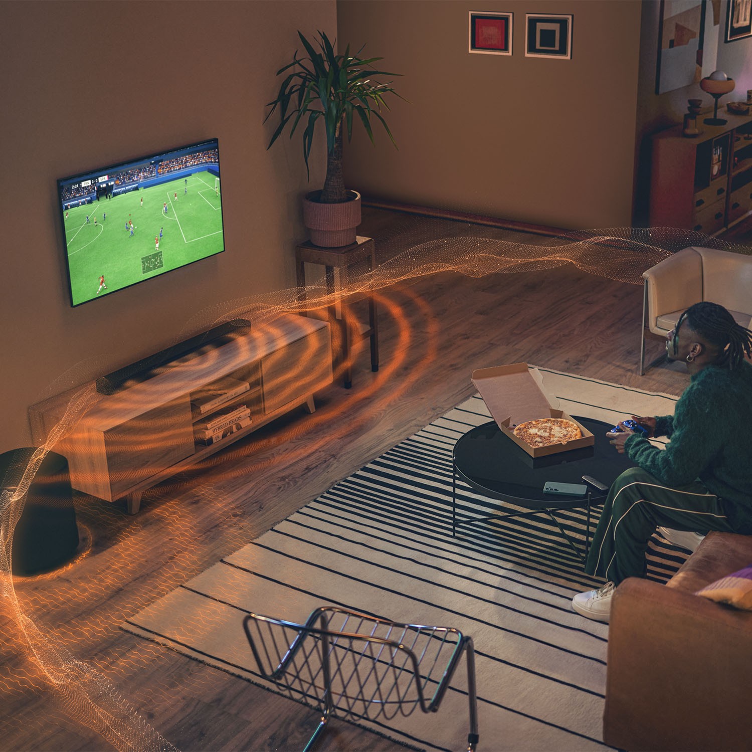 The included wireless 10” subwoofer provides the deep bass, so you can also feel movie effects and explosions in your diaphragm.