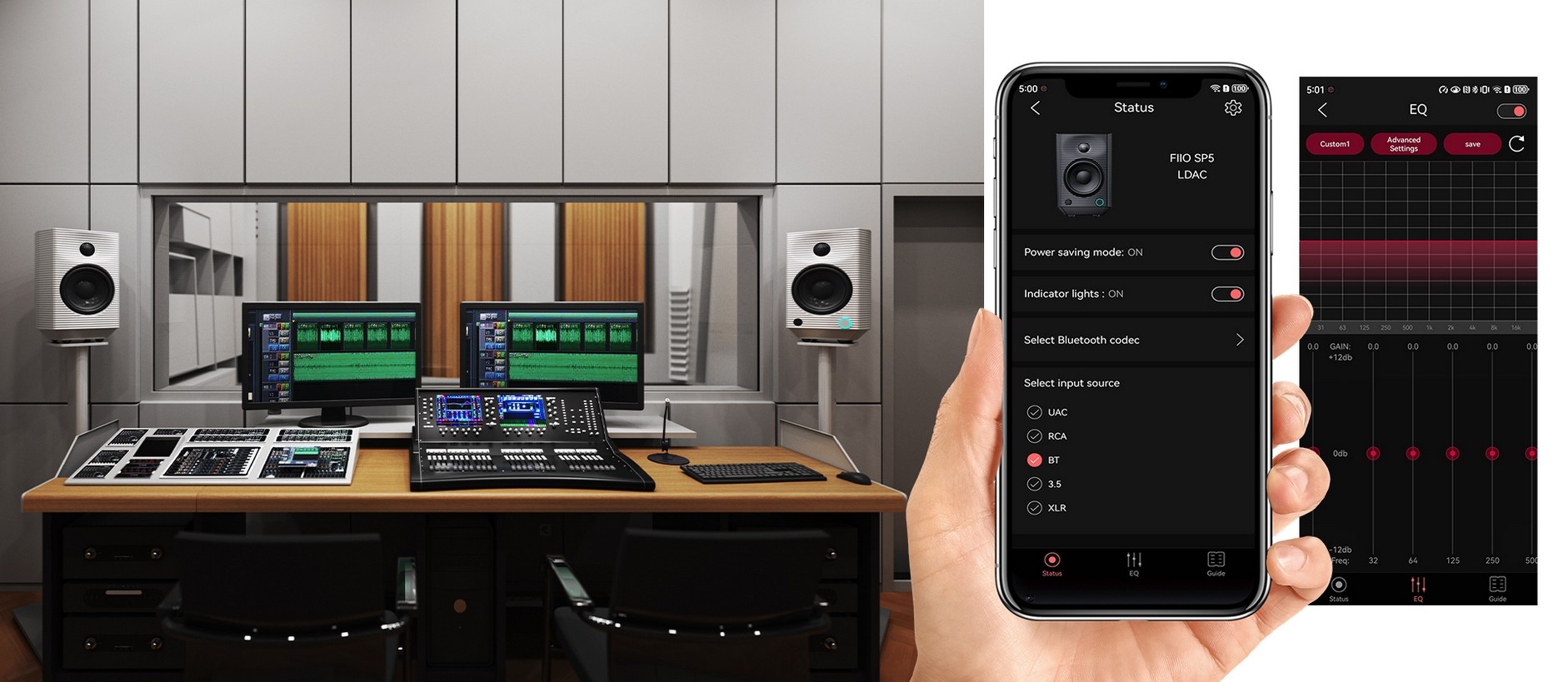 It supports a balanced XLR input and wireless connectivity via a Qualcomm QCC5125 chip with LDAC, aptX Adaptive, aptX HD, aptX LL, AAC, and SBC codecs. Parameters, equalizer, and lighting are controlled via the FiiO Control app.