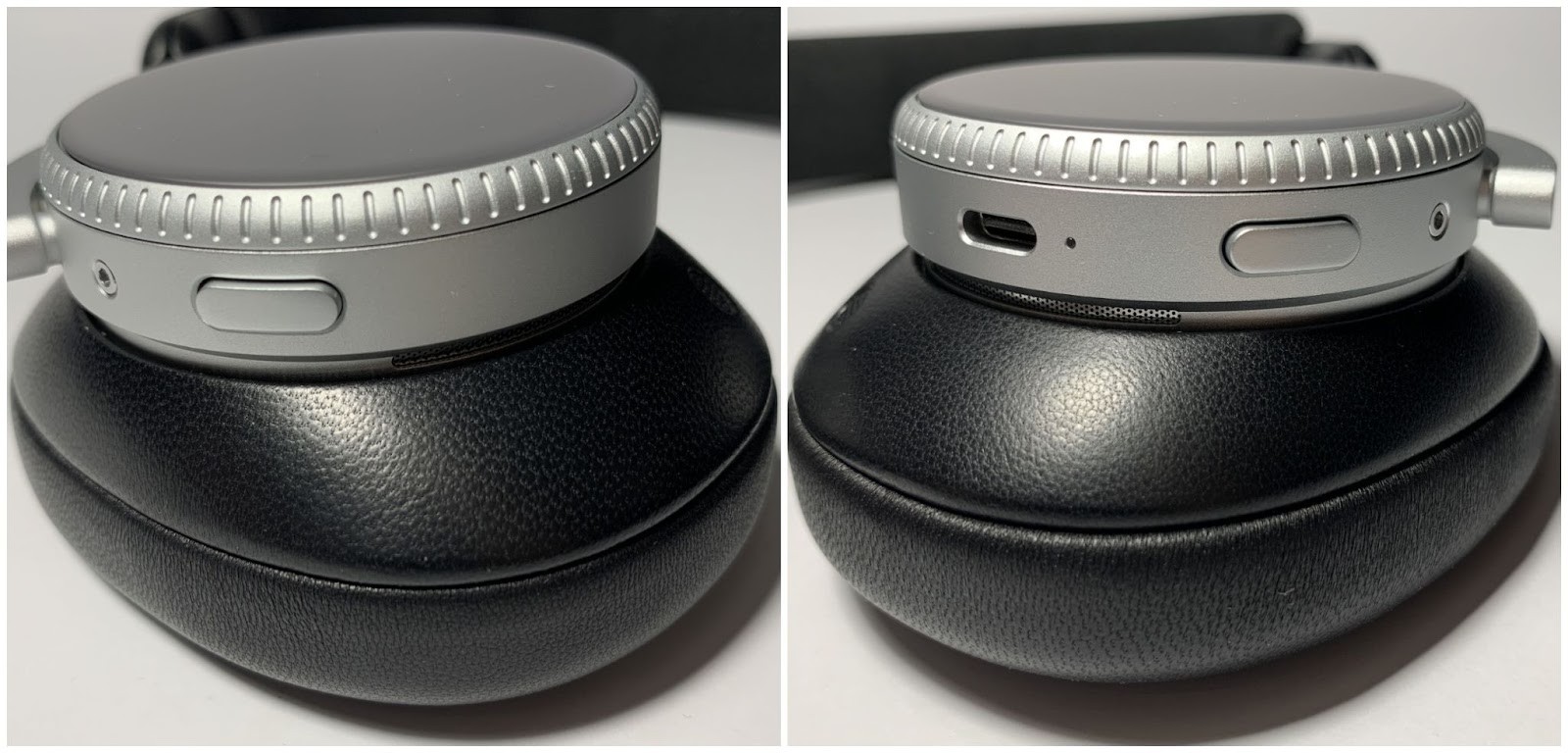 Both Bang & Olufsen Beoplay H100 cups have identical controls that perform the same functions. However, the right cup also has a USB Type-C interface for wired connection in digital mode, as well as for charging the headphones.