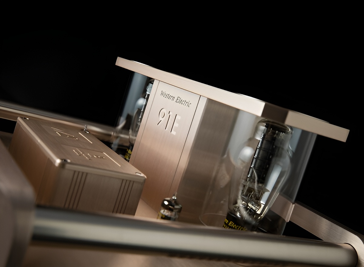 The design emphasizes the WE 300B output tube, focusing all attention on the glass-coated WE 300B output tube, with only WE's ECC81 vacuum tube and output transformer simply placed on the top plate.