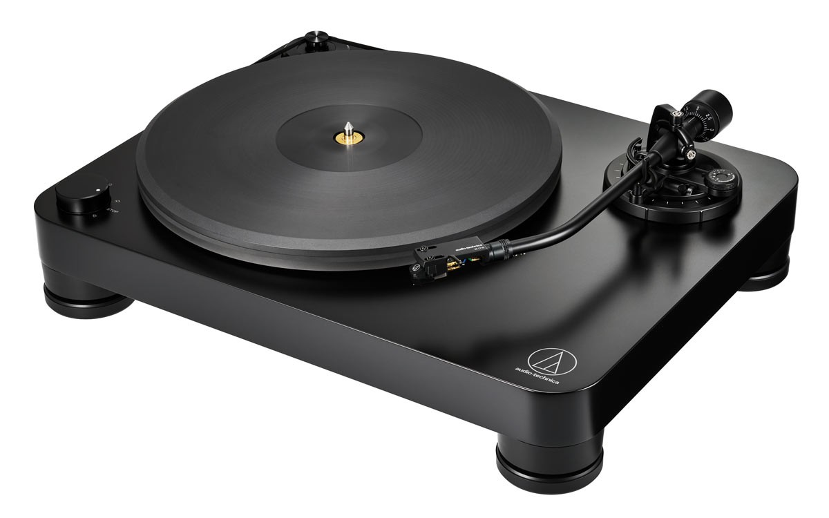 The turntable features a J-shaped aluminum tonearm, its design inspired by classic Audio-Technica models from the 1960s and 1970s.