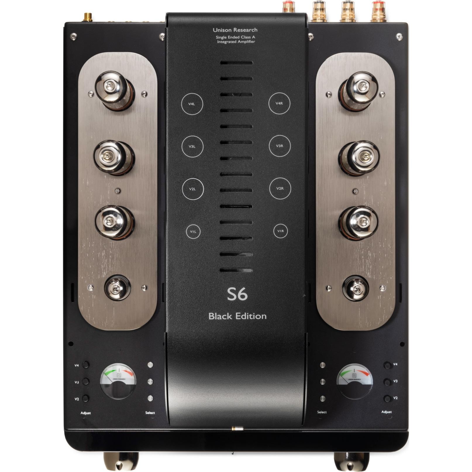 The Unison Research S6 Black Edition features four RCA line-level inputs and a built-in DAC3 digital-to-analog converter with USB, SPDIF, and Toslink inputs. 