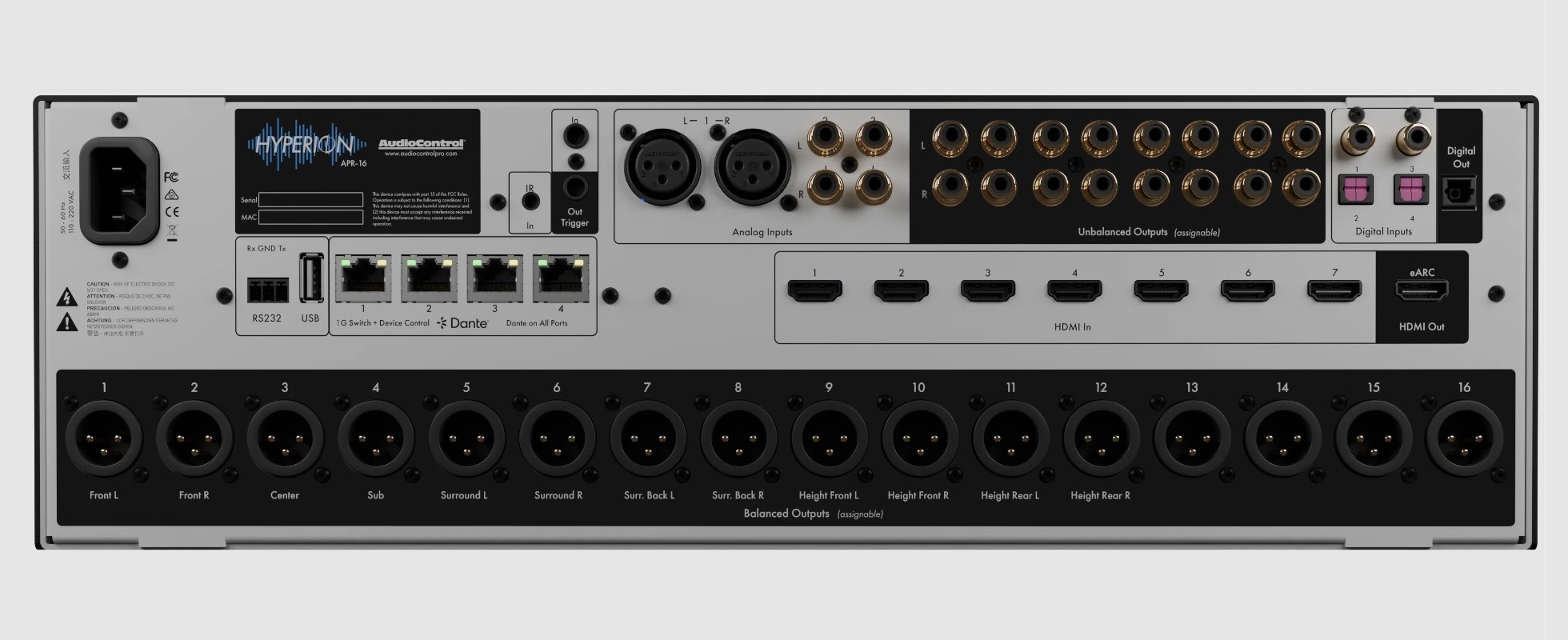 The APR-16 features seven HDMI 2.1 inputs and one HDMI output (with eARC), supporting a full 48 Gbps bandwidth, 8K/60 Hz and 4K/120 Hz resolutions, HDCP 2.3, HDR10+, Dolby Vision, HLG, and VRR for pixel-precise, unaltered video passthrough.