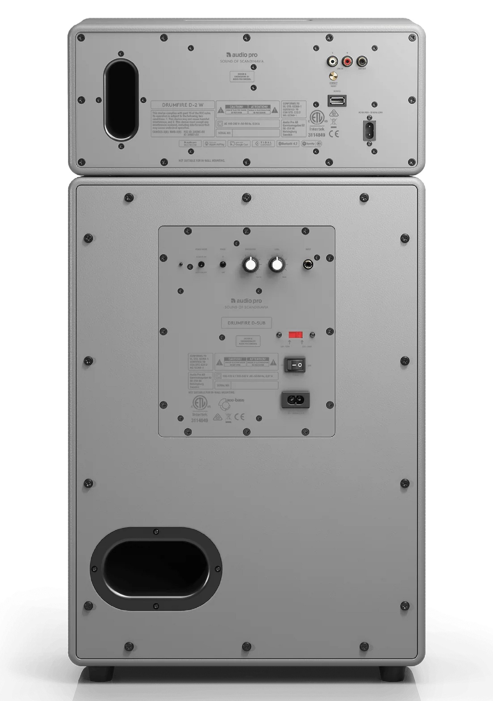 The Drumfire II W is the complete system, consisting of the Drumfire D-2 W main unit and a separate active D-Sub subwoofer cabinet with 200 watts of Class D amplification driving two fabric dome tweeters in combination with two 13.7 cm woofers.