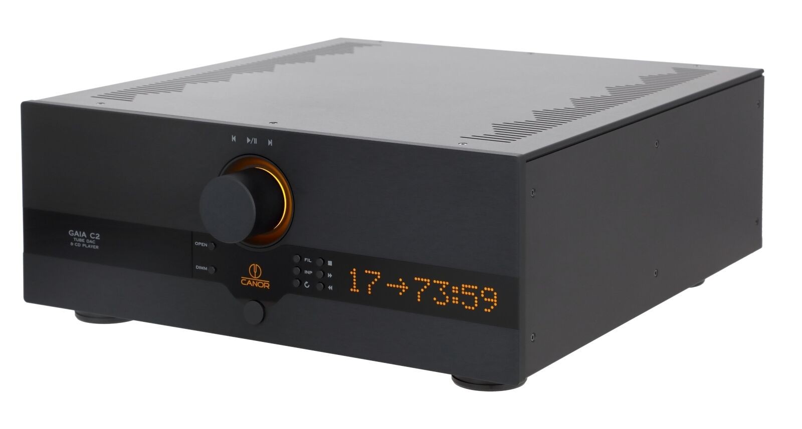 Canor specifies the frequency response of the Gaia C2 as 20 to 20,000 Hz AN (-1.0 dB) via XLR/RCA, the total harmonic distortion is stated as less than 0.0007 percent at 1 kHz and 0 dBFS (XLR), and the channel separation as less than -118 dB at 10 kHz (XLR). The output voltage is 2 Vrms (RCA) or 4 Vrms (XLR).