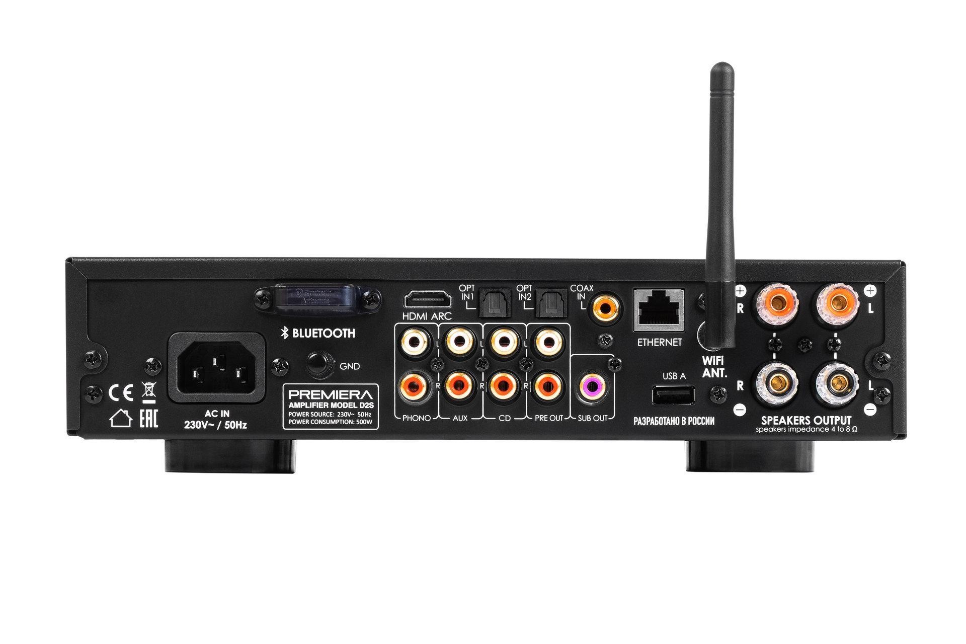 The Premiera D2S truly offers extensive capabilities. The amplifier can connect ten sources (!), seven of which are digital: gadgets via Bluetooth, the others via two TosLink ports, Coax, Ethernet, HDMI ARC, and USB-A. 