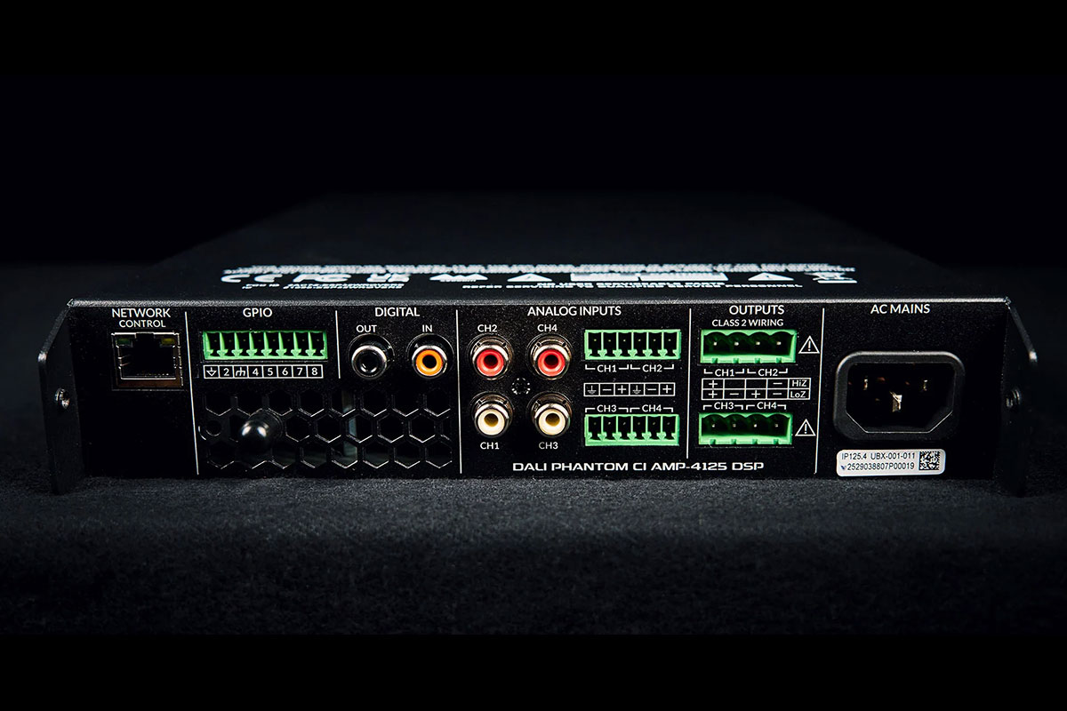Rear panel connections of the PHANTOM CI AMP-4125 DSP designed for multi-zone custom installations.