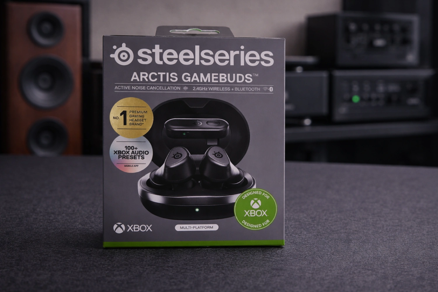 The SteelSeries Arctis GameBuds arrive as a complete package with charging case, 2.4 GHz dongle, ear tips, and adapter for instant multi-platform use.