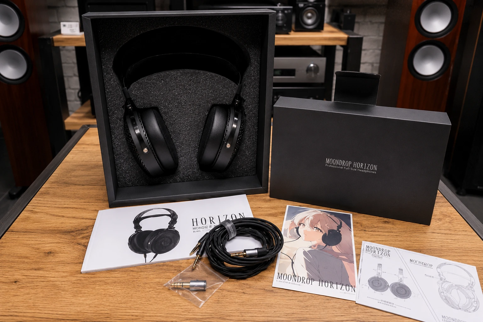 Moondrop Horizon Review: Spacious Sound and Audiophile Comfort 8 The Moondrop Horizon arrives with a premium presentation, including interchangeable balanced connectors, a detachable cable, detailed documentation, and the brand's signature anime-inspired packaging. The open-back headphones combine thoughtful engineering with a complete accessory package aimed at serious audiophiles.