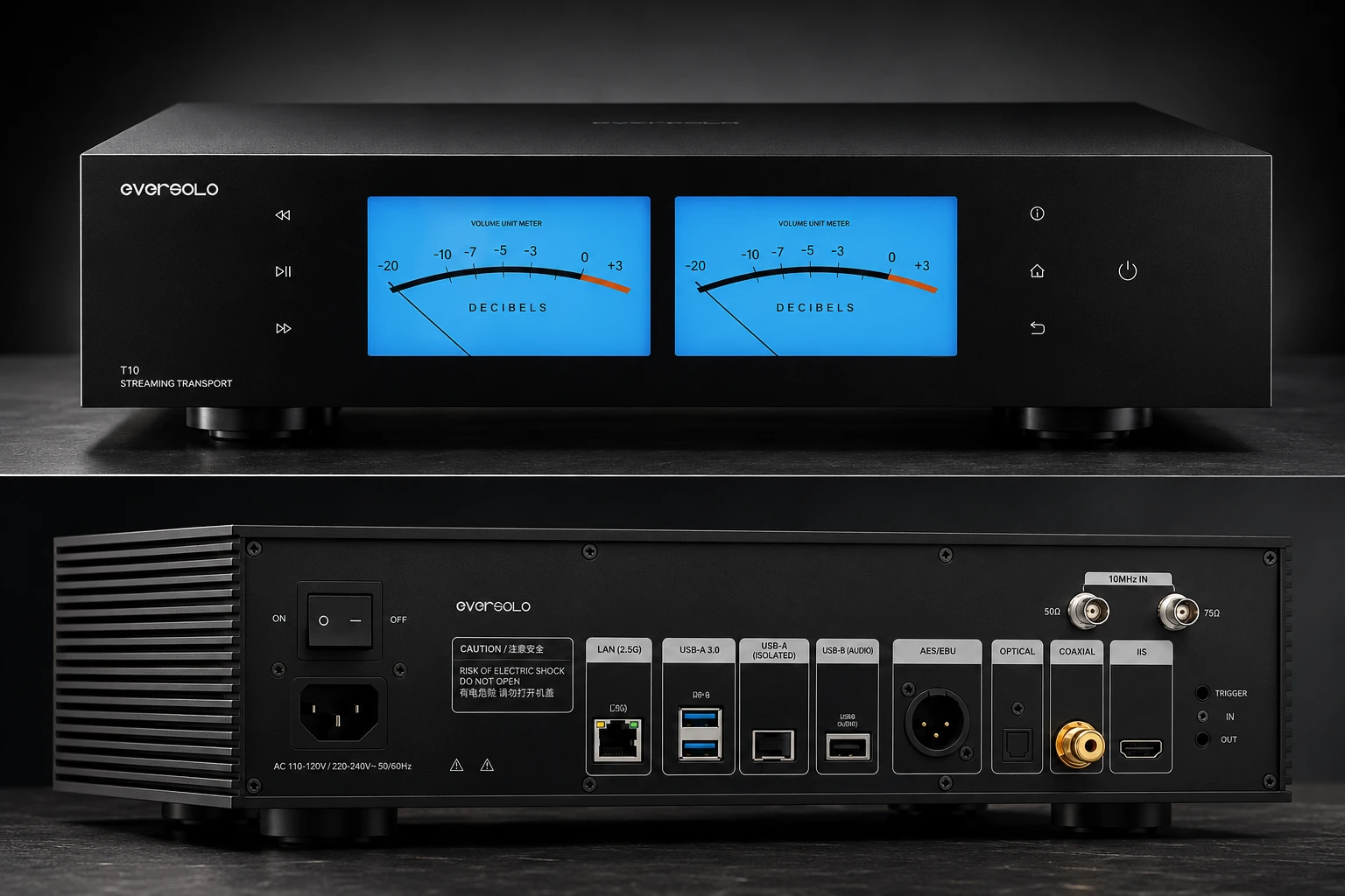 The Eversolo T10 combines a large touchscreen interface with customizable VU meters and visualizations for a premium streaming experience.