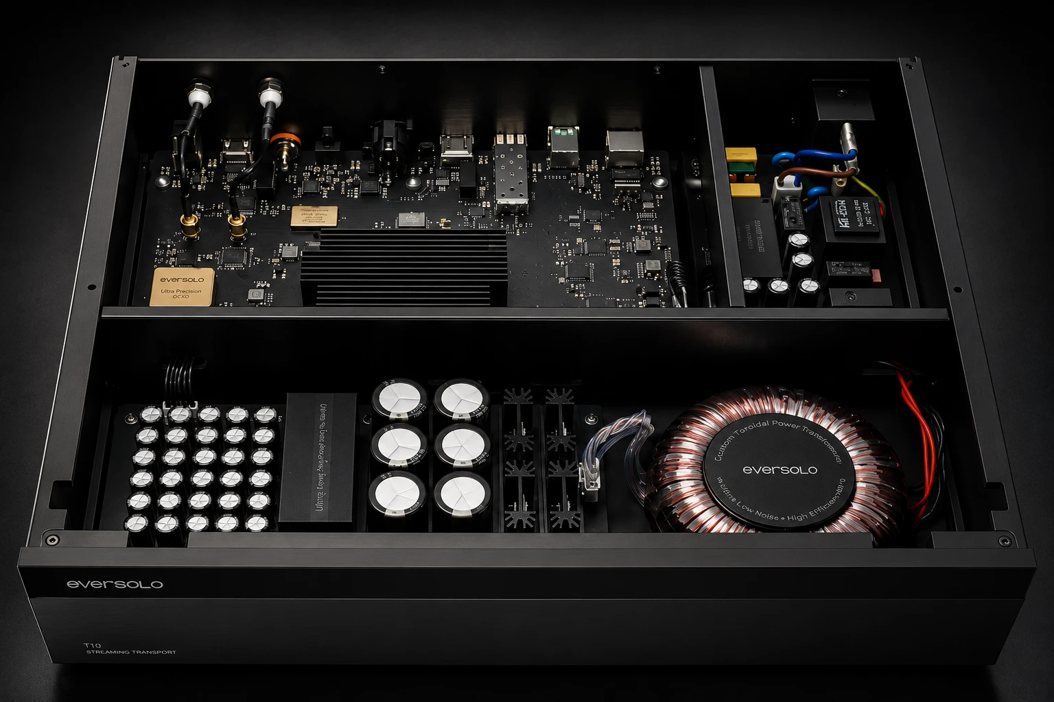 Inside the Eversolo T10, a custom toroidal linear power supply and premium clock architecture are engineered for maximum signal integrity.