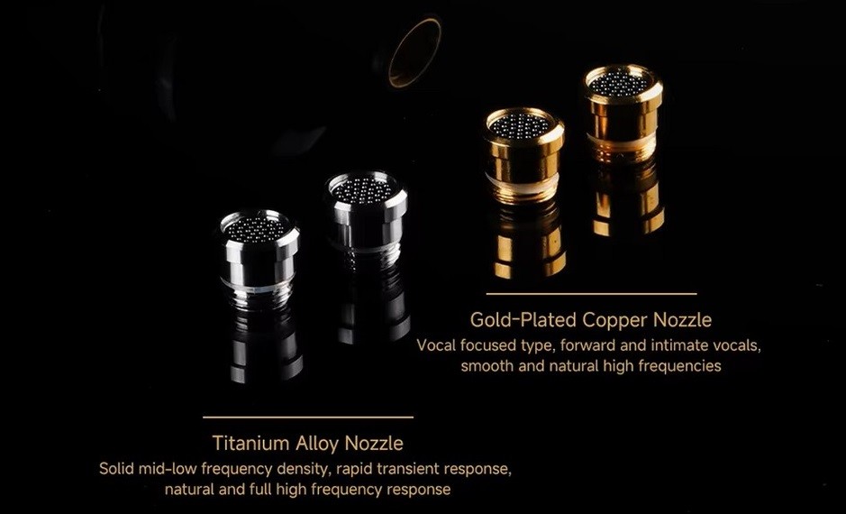 NiceHCK NX8 Ti Limited Edition: Eight Drivers, Titanium Design and Audiophile Tuning 10 Interchangeable titanium and gold-plated copper nozzles allow listeners to tailor the sound signature to their personal preferences.