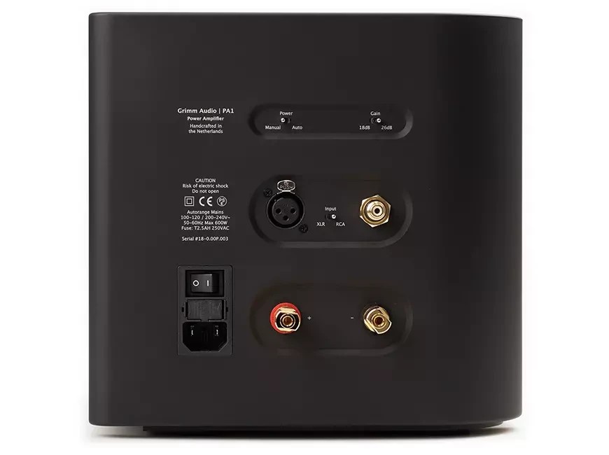 The compact chassis houses a powerful Class AB output stage and a low-noise linear power supply with automatic voltage switching.